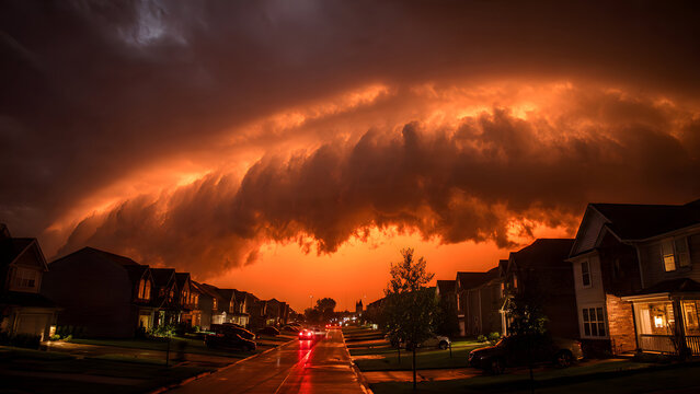 Enormous shelf cloud with layered structure rolling over suburban neighborhood at sunset, dramatic orange and red illumination from below