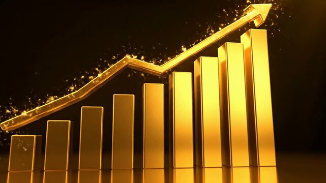 Golden upward trend graph with sparkling particles showcasing financial growth and success business investment and market prosperity in dynamic 3 D animation