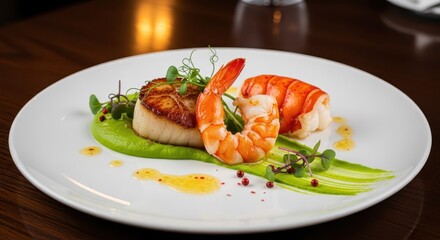 Seared scallop and succulent prawn served with vibrant green puree on a white plate