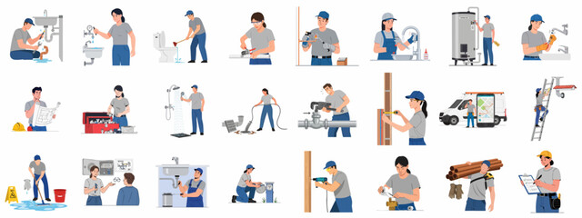 Fototapeta premium Professional Plumbing Services and Maintenance Vector Illustrations Set. Technicians repairing pipes, sinks, toilets, and water systems.