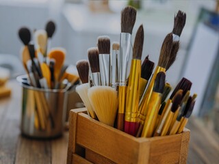 brushes for drawing, for art studio, drawing background picture, artist's table, brushes and paints on the table, brushes on the table, for creativity, creativity picture