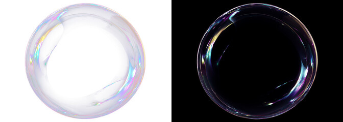 Large transparent soap bubble with purple and multicolor reflections shown on split background — half transparent PNG, half black. Perfect for showcasing bubble details and colors. © Oleksandr
