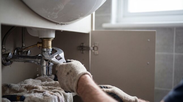 A close-up view shows a gloved hand tightening a wet pipe fitting beneath a sink with a wrench, lit by gentle window light for a clean DIY leak repair concept and copy space.