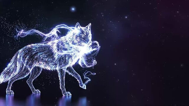 Neon wolf with glowing blue lines charging across starry purple cosmos