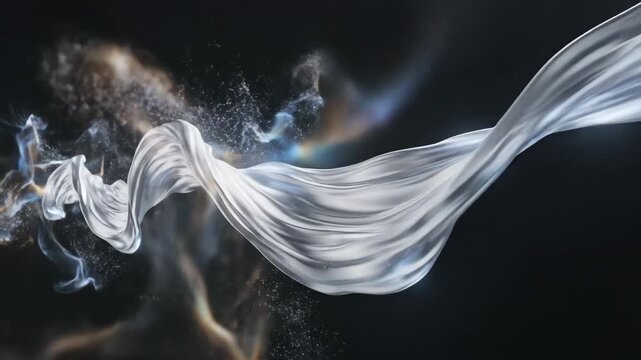 Abstract White Smoke Swirls and Particles on Black Background.