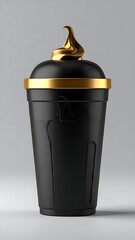 A luxurious milkshake cup in matte black, detailed with gold accents. The golden swirl sits atop, suggesting a rich, creamy treat
