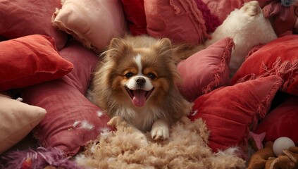 Panting small tricolor dog nestling among red pink cushions on sofa at home, with plush toys