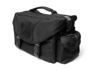 Naklejka premium A universal black camera bag with padding and multiple pockets. Perfect for product advertising, lifestyle photography, and camera equipment storage concepts.