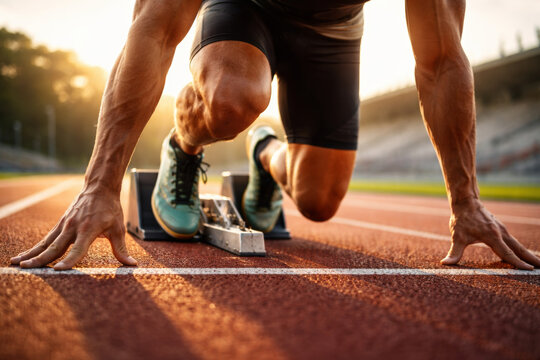 Athlete preparing to sprint from starting blocks on track