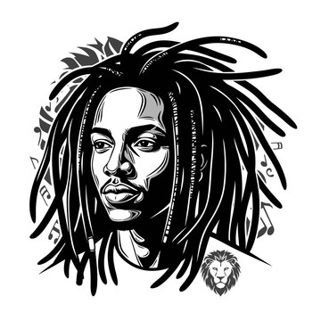 Stylized monochrome illustration of a man with dreadlocks and musical notes a symbol of reggae