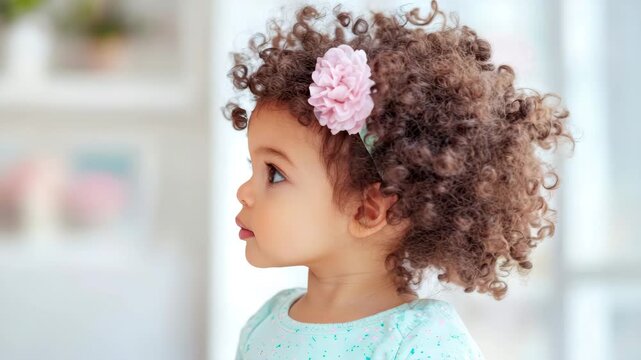Charming curly-haired toddler wearing soft pink flower headpiece, gazing upward with innocent, contemplative expression in sunlit home interior.