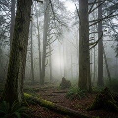 Obraz premium Dense, humid woodland environment appears shrouded in thick, ethereal mist.