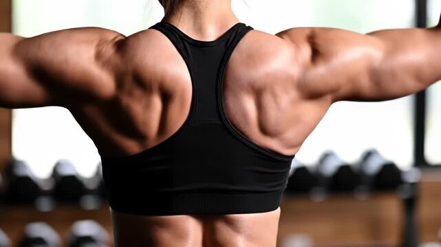 Muscular woman in black sports bra showing off her strong back muscles in a gym