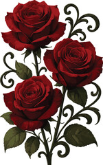 A close-up, high-resolution, 8k photograph capturing a stunning arrangement of three deep red roses, rendered with exquisite detail