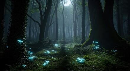 Fototapeta premium Enchanted forest floor illuminates with clusters of bioluminescent fungi under dense canopy