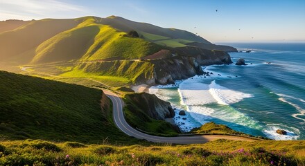 Iconic winding coastal road along dramatic cliffs with turquoise ocean waves crashing below, green hills, and endless Pacific horizon &ndash; classic scenic drive in California.