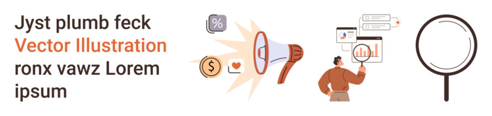 Digital marketing, content strategy, business analytics, research tools, online promotion, audience targeting. Icons with a magnifying glass, charts and a megaphone. Digital marketing and research