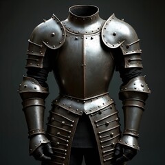 Full medieval plate armor with shoulder guards and gorget. This protective metal suit features riveted construction and a dark polished finish. Knightly suit of armor displays historical defense gear.