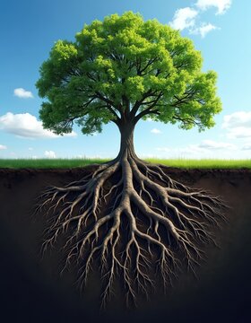 Tree with prominent root system anchoring in soil. Rich green canopy reaches towards clear blue sky with scattered clouds. Shows life growth stability and connection to earth.