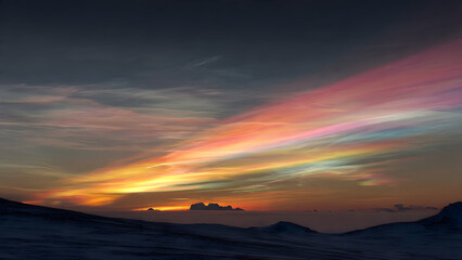 Fototapeta premium Stratospheric nacreous polar stratospheric clouds at twilight, iridescent mother-of-pearl colors in pink orange yellow and blue