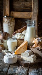 Fototapeta premium consumption. Assorted dairy products displayed on a rustic wooden table with natural side lighting. menu design, packaging mockups, designed for food delivery and cloud-kitchen brand materials. 