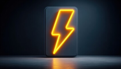 Neon Lightning Bolt Sign on Dark Wall Modern Electric Power Icon