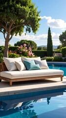 A luxurious outdoor scene features a poolside daybed with plush pillows set against lush greenery and a bright blue sky