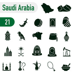 Icons about Saudi Arabian traditions, culture, and symbols. A set of solid icons about Saudi Arabia.