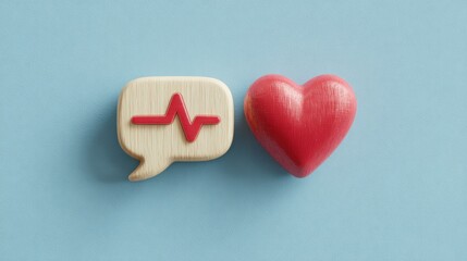 Fototapeta premium Heart and wooden heart together representing love and nature in a hybrid social pulse concept for emotional tracking