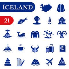 Icons about Icelandic traditions, culture, and symbols. A set of solid icons about Iceland.