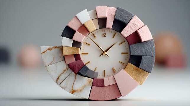 Artistic clock design featuring colorful marbles in a unique spiral arrangement for innovative timekeeping concepts