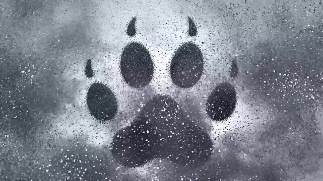 dark paw print etched in fogged glass, haloed by condensation