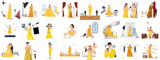 Celebrity Life and Glamour: Flat Vector Illustration Set of Famous People, Fashion Models, and Red Carpet Events in Yellow Attire.