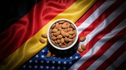 Almonds in Bowl Over US and German Flags Trade Concept