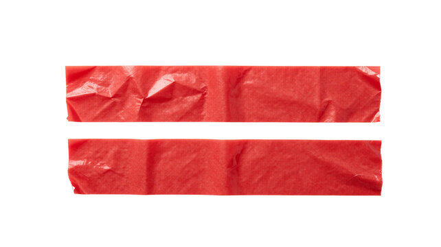 Two strips of red cellophane tape on transparent background, wrinkled and textured, isolated and ready for design