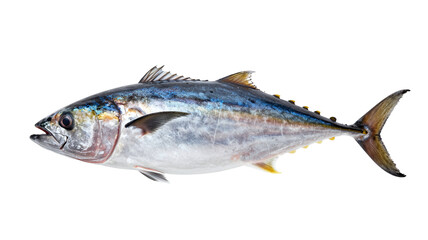 Fototapeta premium Isolated yellowfin tuna fish on white background, marine animal, healthy seafood ingredient, fresh catch