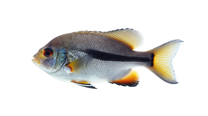 Fototapeta premium Elegant aquarium fish with striking black stripe swimming gracefully on a transparent background, isolated