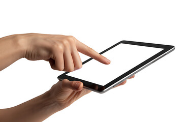 Close-up of Female Hands Holding and Tapping a Blank White Screen Digital Tablet on a Transparent Background, Ideal for Mockups.