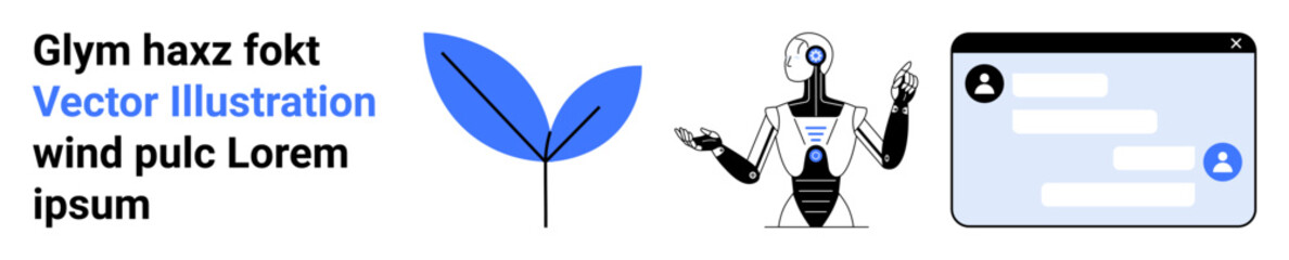 Obraz premium Artificial intelligence, communication tools, eco-innovation, chatbot systems, technology progress, environmental balance. A robot with a messaging interface and a blue leaf motif. Artificial