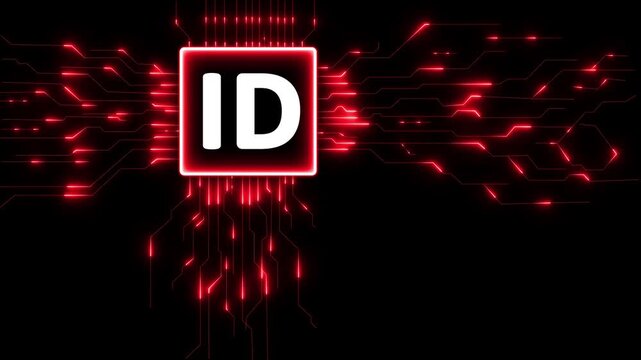 Glowing neon ID technology neon line circuit symbol icon on black background