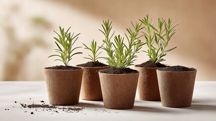 Fototapeta premium Eco-friendly seed starting scene featuring five small pots with young green plants and soil, arranged on a light surface with a soft blurred background