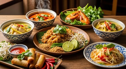 Variety of thai dishes on a wooden table with vibrant ingredients and garnishes