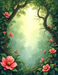 Naklejka premium Enchanted forest entrance with blooming flowers and leafy trees. Magical pathway leads to bright sunlit clearing. Nature scene with lush green foliage and soft light.