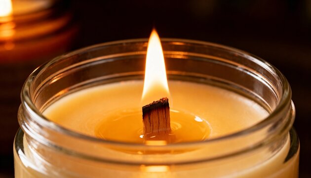 Flickering glass jar candle with charred wooden wick on dark table, wax pool, faint candle behind