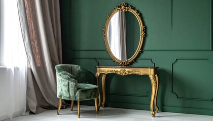 A luxurious vanity scene with ornate gold mirror & console, plush green chair, & flowing curtains