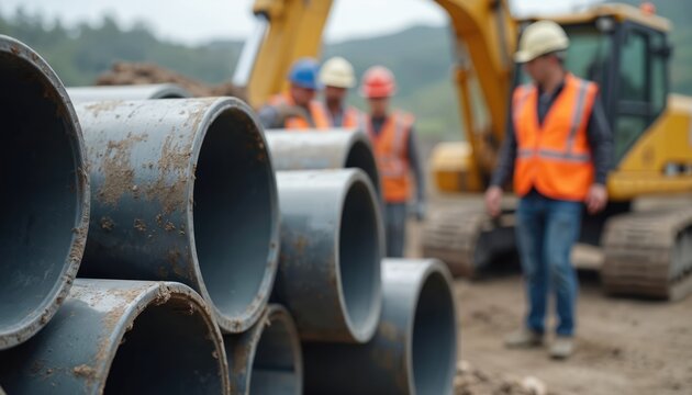 Large plastic pipes are stacked at a construction site with workers and an excavator in background. Infrastructure project development work ongoing.