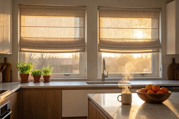 Beige roller blind on windows in stylish modern kitchen. Shutters on the plastic window.