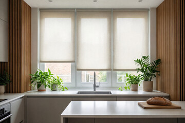 Beige roller blind on windows in stylish modern kitchen. Shutters on the plastic window.