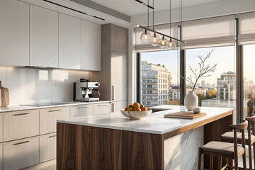 Beige roller blind on windows in stylish modern kitchen. Shutters on the plastic window.