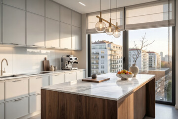 Beige roller blind on windows in stylish modern kitchen. Shutters on the plastic window.